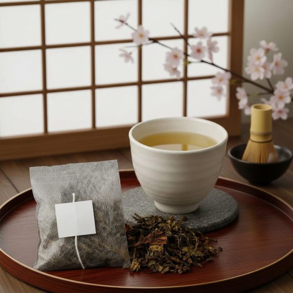 和室の盆に載った湯呑みと、手前に置かれたテトラ型の阿波晩茶ティーバッグ、そして乾燥した茶葉。背景には障子と桜の花が見える。