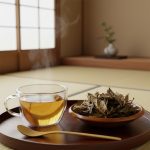お盆に載せられた温かな阿波晩茶のガラスカップ。横には乾燥した茶葉が木の器にたっぷりと盛られている。