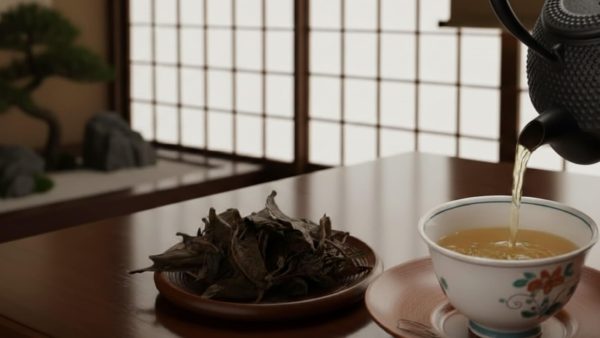 徳島県上勝町のまえばら農園が自園自製でつくる阿波晩茶 山吹。茶葉と湯呑、鉄瓶が並ぶ静かな和の空間で淹れられる乳酸菌発酵の後発酵茶。