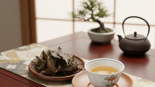 湯呑に注がれた阿波晩茶と乾燥した茶葉が皿に盛られ、後方に鉄瓶と盆栽が置かれた和室の情景。