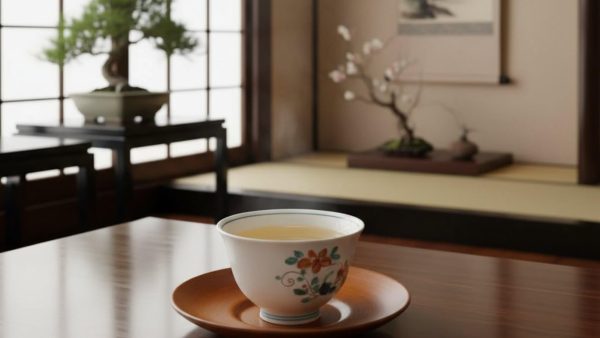 湯呑に注がれた阿波晩茶が木製の卓上に置かれ、後方に盆栽と床の間がある和室の風景。