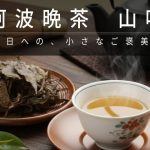 湯呑に注がれた阿波晩茶 山吹と乾燥茶葉、鉄瓶が置かれた和室の情景。
