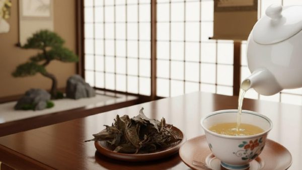 阿波晩茶 山吹-YAMABUKI-和室での一杯 白い急須から湯呑へ阿波晩茶を注ぐ様子。横には乾燥した茶葉が皿に盛られ、障子越しの光が差し込む和室の空間。