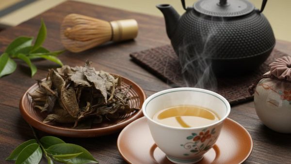 湯気の立つ阿波晩茶 山吹の一杯。鉄瓶と茶葉を添えた後発酵茶のイメージ。低カフェインで夜にも飲みやすい阿波晩茶。