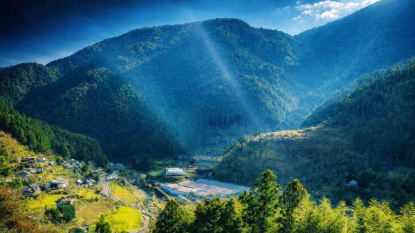 徳島県上勝町の山々に囲まれた集落と田畑の風景。山間部に光が差し込み、自然豊かな地形が広がっている。