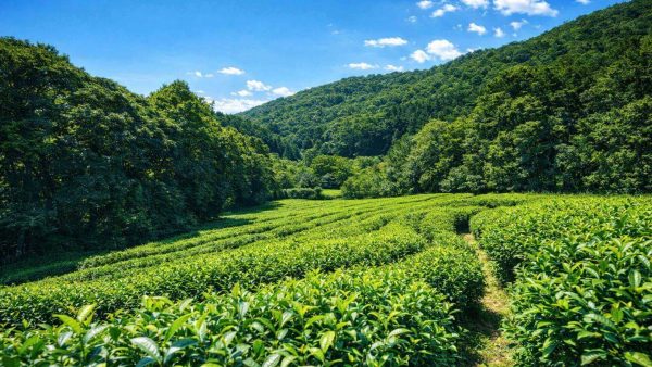 徳島県上勝町・まえばら農園の茶畑風景|阿波晩茶 山吹の原風景 徳島県上勝町にあるまえばら農園の茶畑風景。急峻な山々と照葉樹林に囲まれた環境で育つ阿波晩茶 山吹の茶葉。